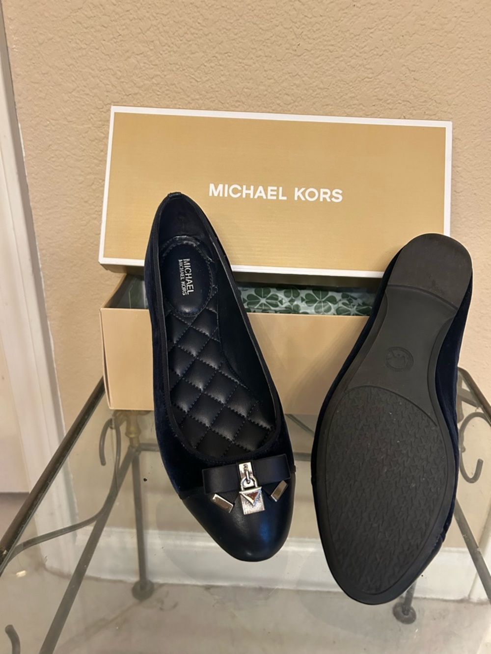 Michael Kors Blue Velvet Ballet Flats with Bow and Charm